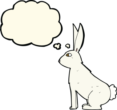 Bir insan tarafından çizilmiş düşünce kabarcığı olan çizgi film tavşanı.