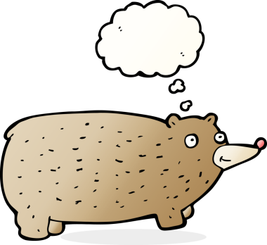 Bir insan tarafından çizilmiş düşünce baloncuklu komik çizgi film ayısı.