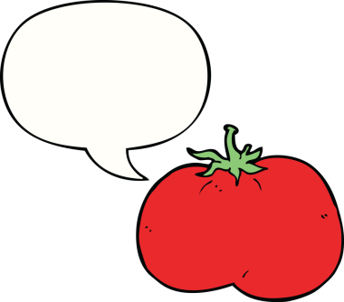 Bir insan tarafından çizilmiş konuşma baloncuklu domates.