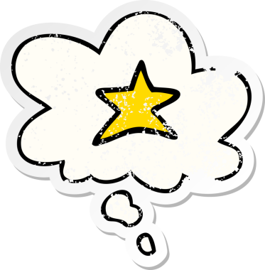 Düşünce baloncuğu olan çizgi film yıldızı sembolü insan tarafından çizilmiş yıpranmış bir çıkartma.