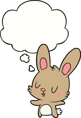 Bir insan tarafından çizilmiş düşünce kabarcığı olan sevimli çizgi film tavşanı.