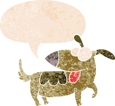 çizgi film mutlu köpek konuşma baloncuğu ile grunge sıkıntılı retro dokuma bir insan tarafından çizilmiş