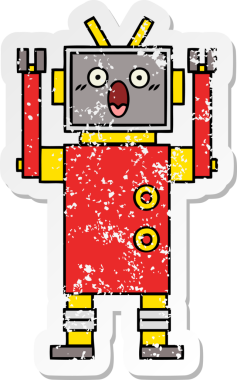 Bir insan tarafından çizilmiş sevimli bir robot çizgi film çıkartması.