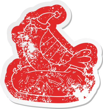 Bir insan tarafından çizilmiş Noel Baba şapkasıyla yuvada oturan bir kuşun sıkıntılı karikatürü.