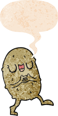 çizgi film mutlu patates ile konuşma balonu grunge sıkıntılı retro stil bir insan tarafından çizilmiş