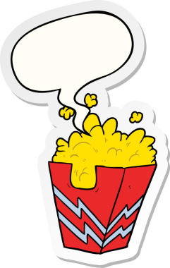 Bir insan tarafından çizilmiş konuşma balonu çıkartmalı patlamış mısır kutusu.