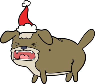 Bir insanın çizdiği Noel Baba şapkasıyla havlayan bir köpeğin el çizimi.