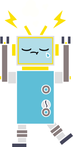 Bir insan tarafından çizilmiş ağlayan bir robotun düz renkli retro karikatürü