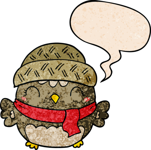 Bir insan tarafından çizilmiş eski moda konuşma baloncuğu olan şapkalı sevimli çizgi film baykuşu.