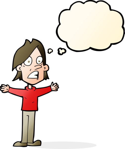 Bir insan tarafından çizilmiş düşünce baloncuğu olan korkmuş bir adam.