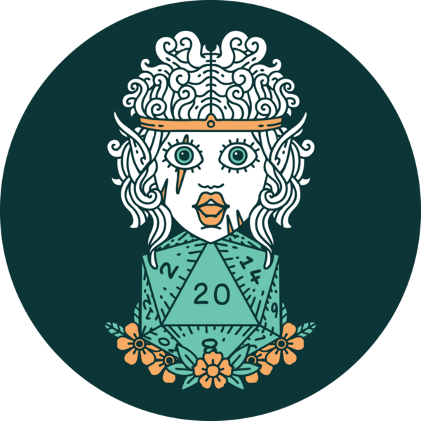 Bir insan tarafından çizilmiş 20 zarlı elf barbar karakteri simgesi.