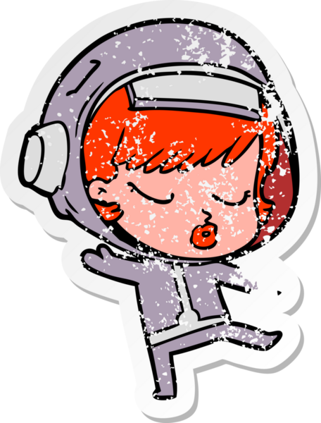 Çizgi film çıkartması. Güzel astronot kız, bir insan tarafından çizilmiş.