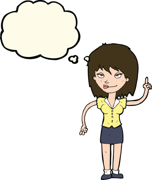 Bir insan tarafından çizilmiş düşünce baloncuğu fikri olan karikatür kadın.