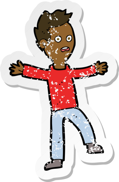 Çizgi filmin gerilimli retro çıkartması bir insan tarafından çizilmiş korkmuş çocuk.