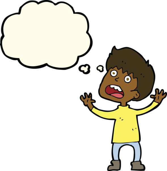 Çizgi film, bir insan tarafından çizilmiş düşünce balonu olan stresli bir çocuk.