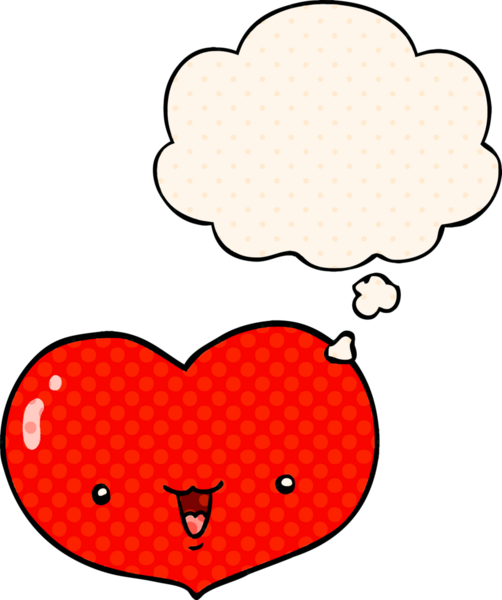 Çizgi roman tarzında bir insan tarafından çizilmiş düşünce balonlu kalp karakteri.