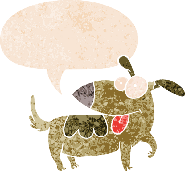 çizgi film mutlu köpek konuşma baloncuğu ile grunge sıkıntılı retro dokuma bir insan tarafından çizilmiş