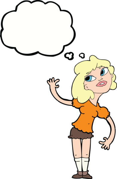 Bir insan tarafından çizilmiş düşünce baloncuğuyla el sallayan çizgi film kadını.