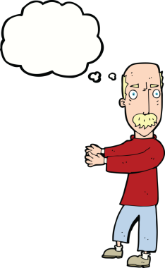 Bir insan tarafından çizilmiş düşünce baloncuğuyla açıklama yapan keltoş bir adam.