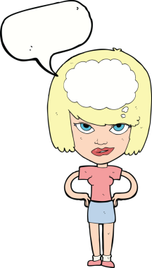 Bir insan tarafından çizilmiş bir konuşma balonuyla düşünen karikatür kadını.