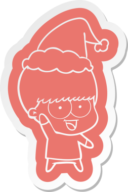 Bir insan tarafından çizilmiş Noel Baba şapkasıyla el sallayan bir çocuğun komik karikatür çıkartması.