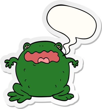 Bir insan tarafından çizilmiş konuşma balonu etiketli karikatür karakurbağası.