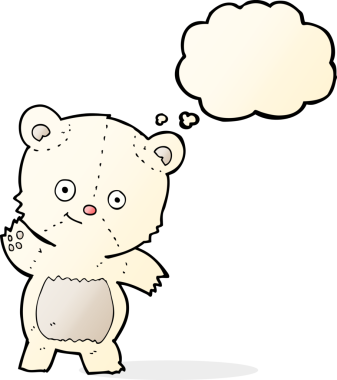 Bir insan tarafından çizilmiş düşünce baloncuklu şirin kutup ayısı çizgi filmi.