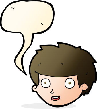 Bir insan tarafından çizilmiş konuşma balonlu mutlu çocuk yüzü.