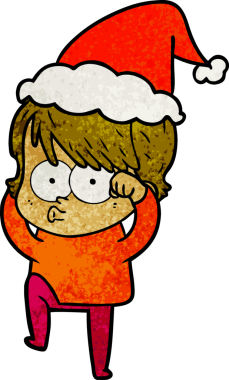 Bir insan tarafından çizilmiş Noel Baba şapkası giyen bir kadının el çizimi karikatürü.