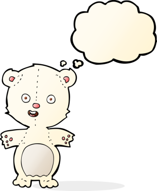 Bir insan tarafından çizilmiş düşünce baloncuklu şirin kutup ayısı çizgi filmi.