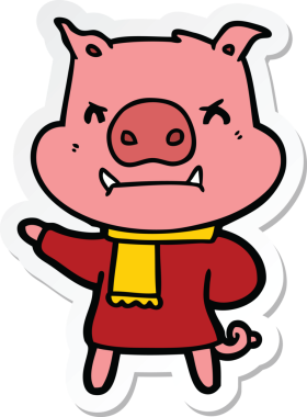 Bir insan tarafından çizilmiş kışın giydirilmiş kızgın bir domuzun çıkartması.