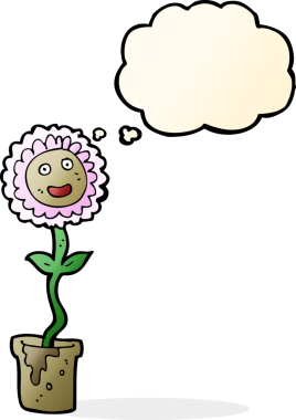 Bir insan tarafından çizilmiş, yüzü düşünce baloncuğu olan karikatür çiçeği.