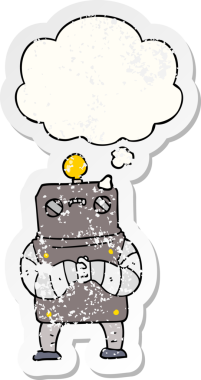 Düşünce baloncuğu olan karikatür robotu bir insan tarafından çizilmiş yıpranmış bir çıkartma.