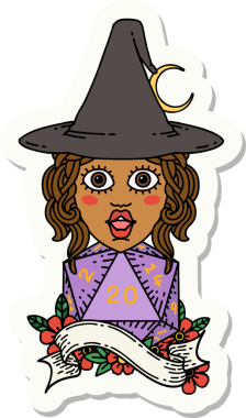 Bir insan büyücüsünün çıkartması. Bir insan tarafından çizilmiş 20 D20 zarlı.