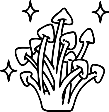 Sihirli mantarların çizgi karalaması bir insan tarafından çizilmiş vahşi doğada mutlu bir şekilde büyüyor.