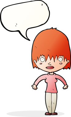 Bir insan tarafından çizilmiş bir konuşma balonuyla bakan çizgi film kadını.