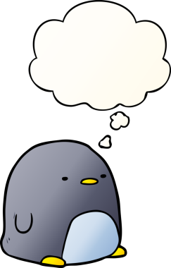 Bir insan tarafından çizilmiş yumuşak eğimli düşünce kabarcığı olan sevimli penguen çizgi filmi.