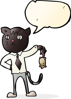 Bir insan tarafından çizilmiş konuşma balonlu ölü fareli çizgi film kedisi.