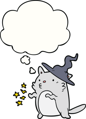 Bir insan tarafından çizilmiş düşünce kabarcığı olan çizgi film kedisi sihirbazı