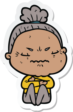 Çizgi film çıkartması. Bir insan tarafından çizilmiş yaşlı bir kadın.