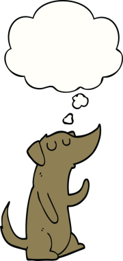 Bir insan tarafından çizilmiş düşünce baloncuklu çizgi film köpeği.