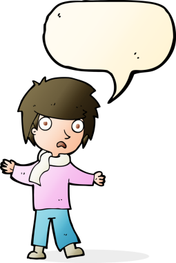 Bir insan tarafından çizilmiş konuşma balonu olan mutsuz bir çocuk.