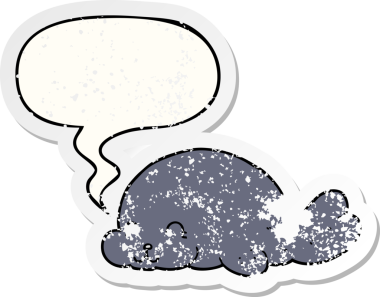 Tatlı karikatür mührü, konuşma baloncuğu, bir insan tarafından çizilmiş sıkıntılı eski bir çıkartma.