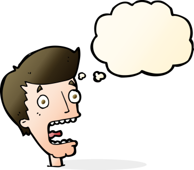 Bir insan tarafından çizilmiş düşünce baloncuğuyla dehşete düşmüş bir adam.