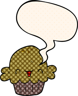 Bir insan tarafından çizilmiş çizgi roman tarzında konuşma baloncuğu olan şirin bir çizgi film pastası.