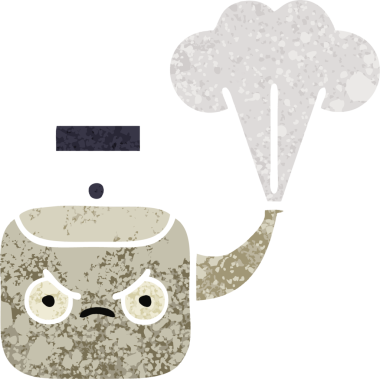 Bir insan tarafından çizilen dumanı tüten bir çaydanlığın retro çizim tarzı karikatürü