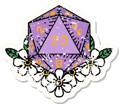 Bir insan tarafından çizilmiş çiçek elementleriyle 20 D20 zarının grunge sticker 'ı.