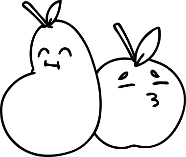 Bir insan tarafından çizilmiş mutlu bir elma ve armut çizgisi.