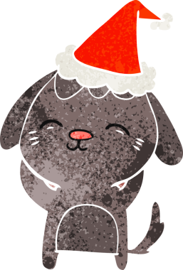 Mutlu el çizimi. Bir insan tarafından çizilmiş Noel Baba şapkası takan bir köpeğin eski çizgi filmi.