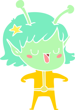 Mutlu uzaylı kız düz renkli çizgi film bir insan tarafından çizildi.